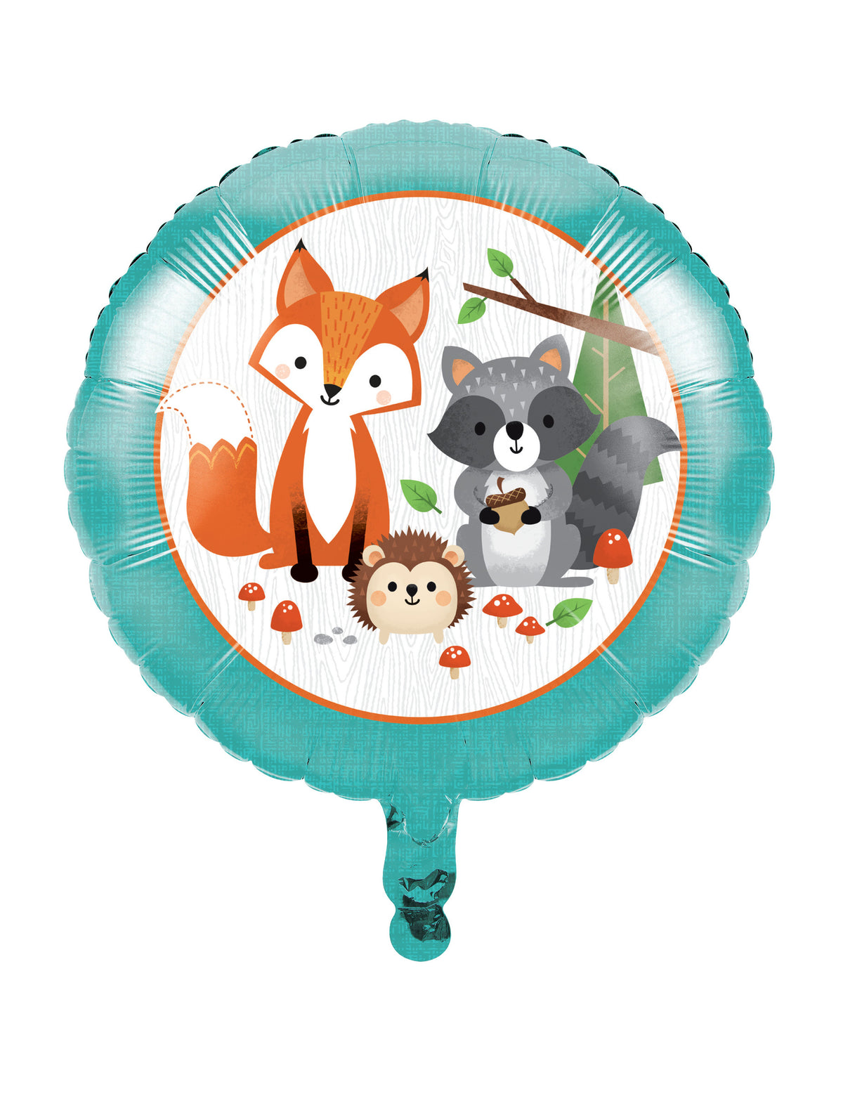 Ballon en aluminium animaux de la forêt pour anniversaire turquoise avec renard et raton laveur