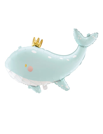 Hliníkový balón Sky Blue Whale 78 x 50 cm so zlatou korunou