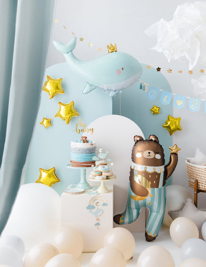 Hliníkový balón Sky Blue Whale 78 x 50 cm so zlatou korunou