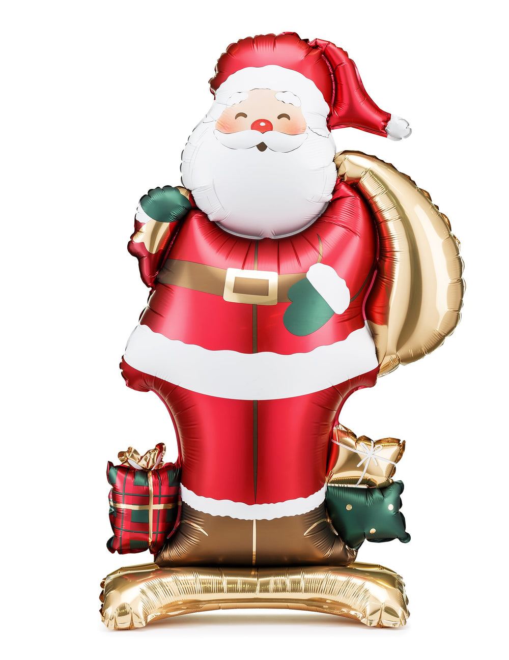 Ballon en aluminium Père Noël debout pour décoration rouge et doré avec hotte de cadeaux