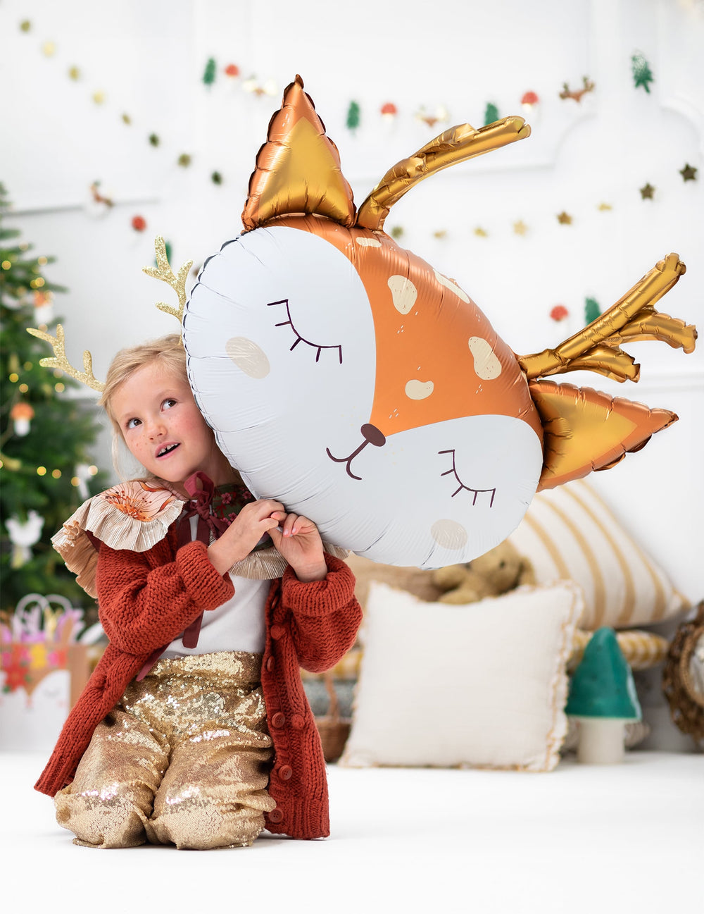 Ballon géant en aluminium tête de cerf pour enfant orange blanc et doré