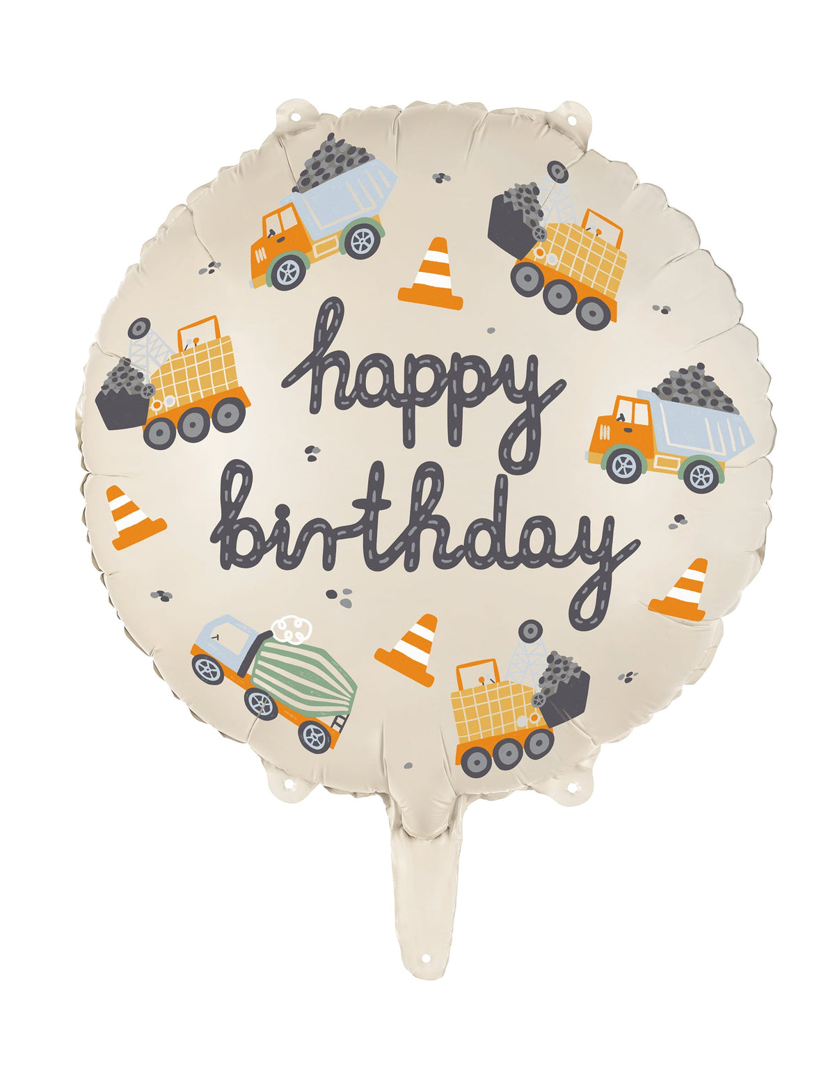 Ballon Happy Birthday camions de chantier beige avec motifs d'engins de chantier