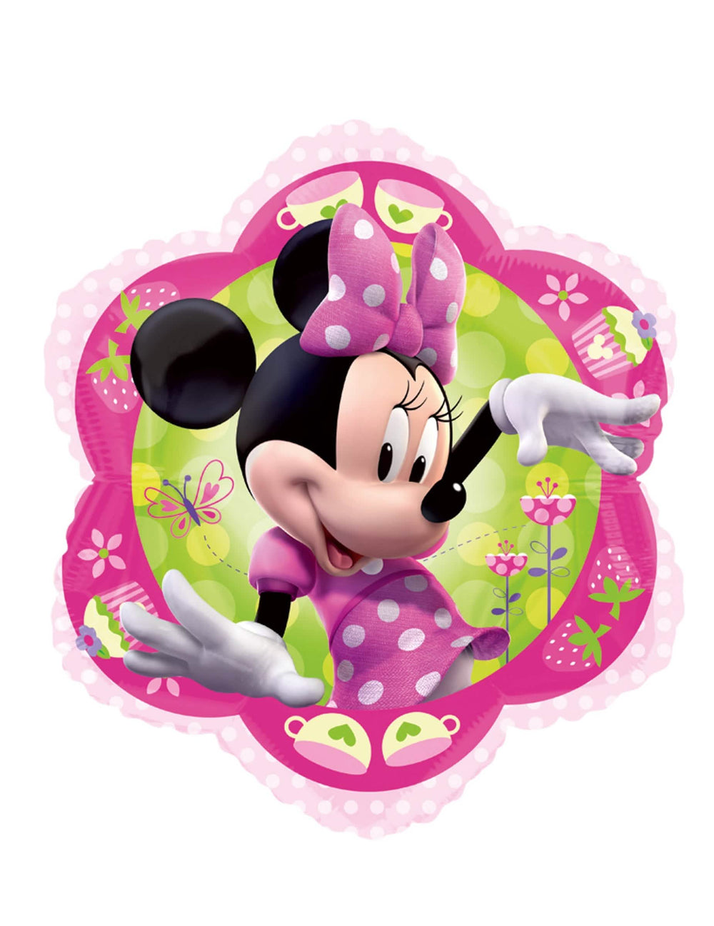 Hliníkový balón Minnie™ pre dieťa ružová a zelená s motívmi kvetov a jahôd
