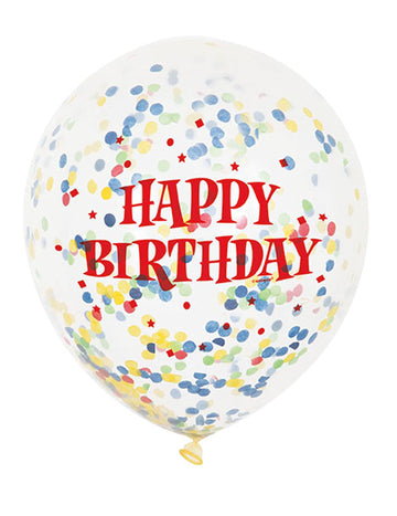 Ballons en latex Happy Birthday pour fête transparent avec confettis multicolores et texte rouge