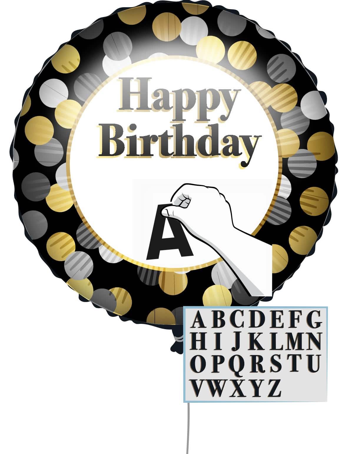 Prispôsobiteľný balón Happy Birthday čierna a zlatá s lepiacimi písmenami