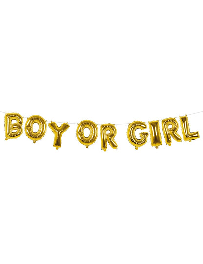 Vue de face de la guirlande de ballons aluminium lettres boy or girl pour baby shower