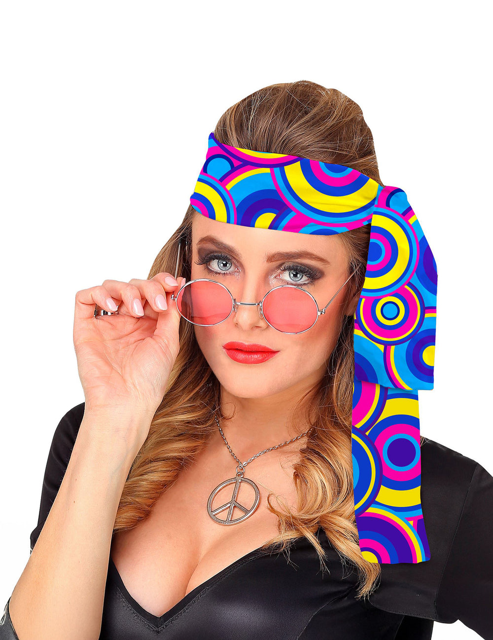 Mise en situation du bandeau années 70 blue bubbles pour adulte