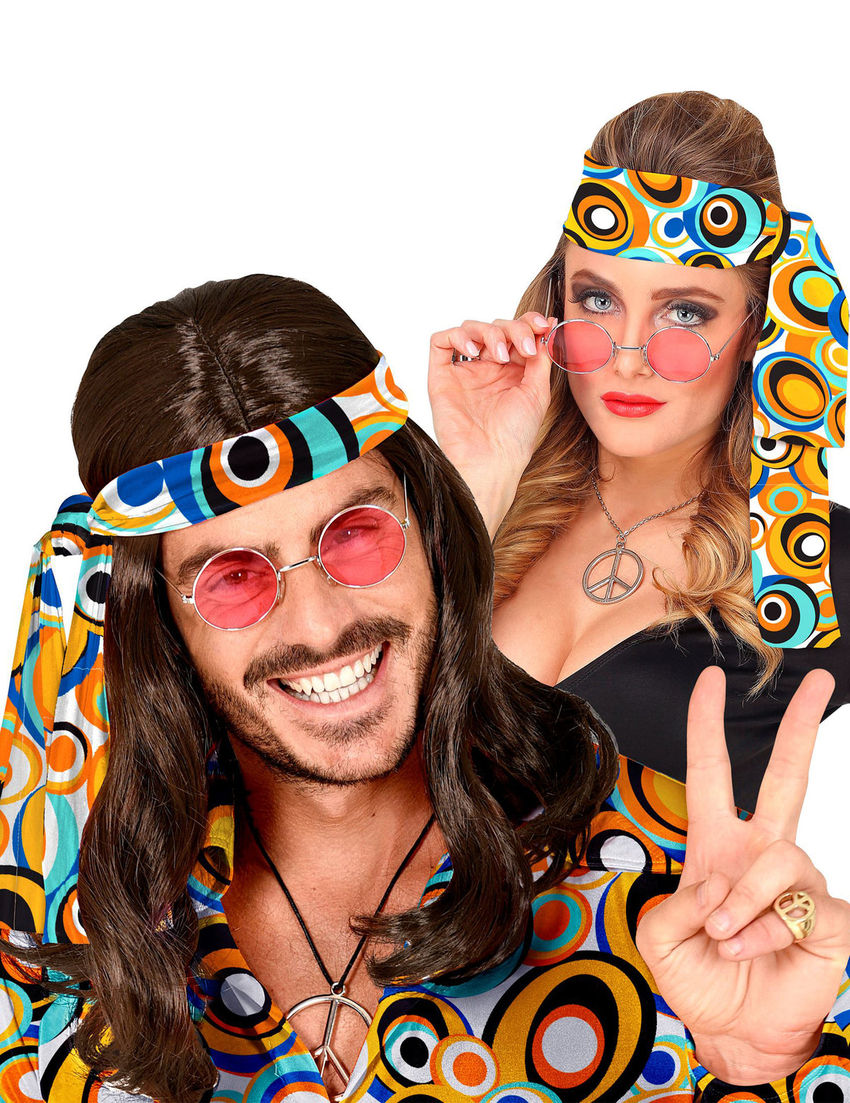 Bandeau années 70 bubbles pour adulte à motifs cercles orange et bleu