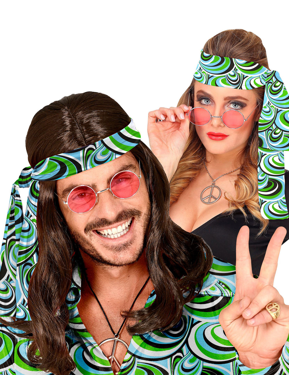 Bandeau années 70 waves pour adulte aux motifs vert et bleu