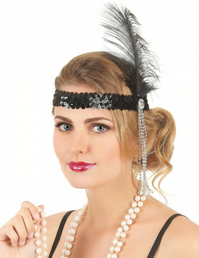 Bandeau charleston pour femme noir avec plume et sequins argentés