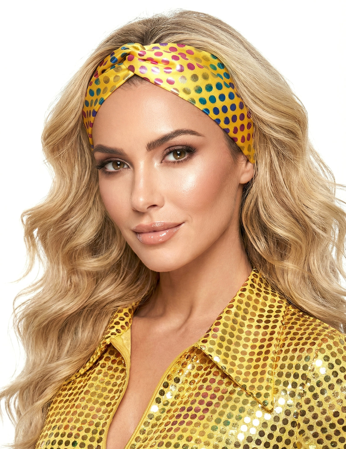 Bandeau disco pour femme jaune à pois multicolores haut de gamme