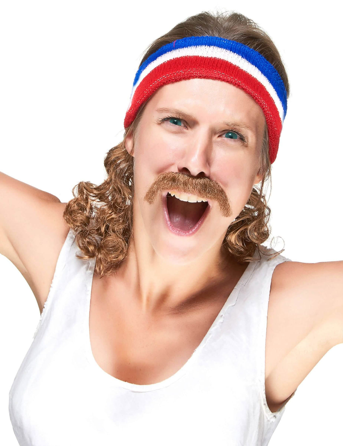 Pohľad spredu na modrá biela a červená mullet čelenku