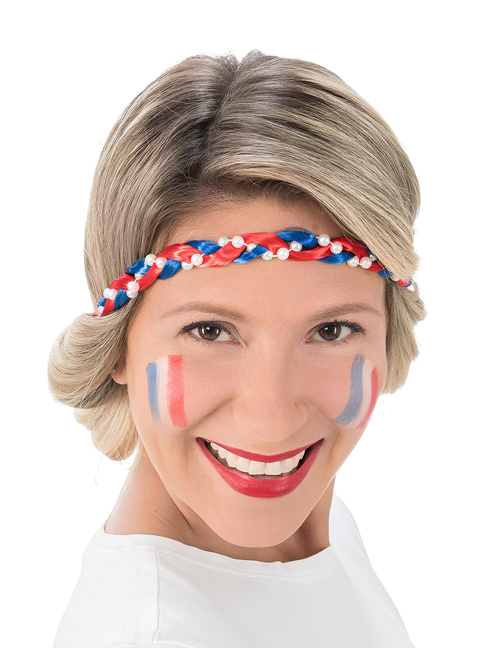 Bandeau natte et perles supporter France pour adulte bleu blanc rouge