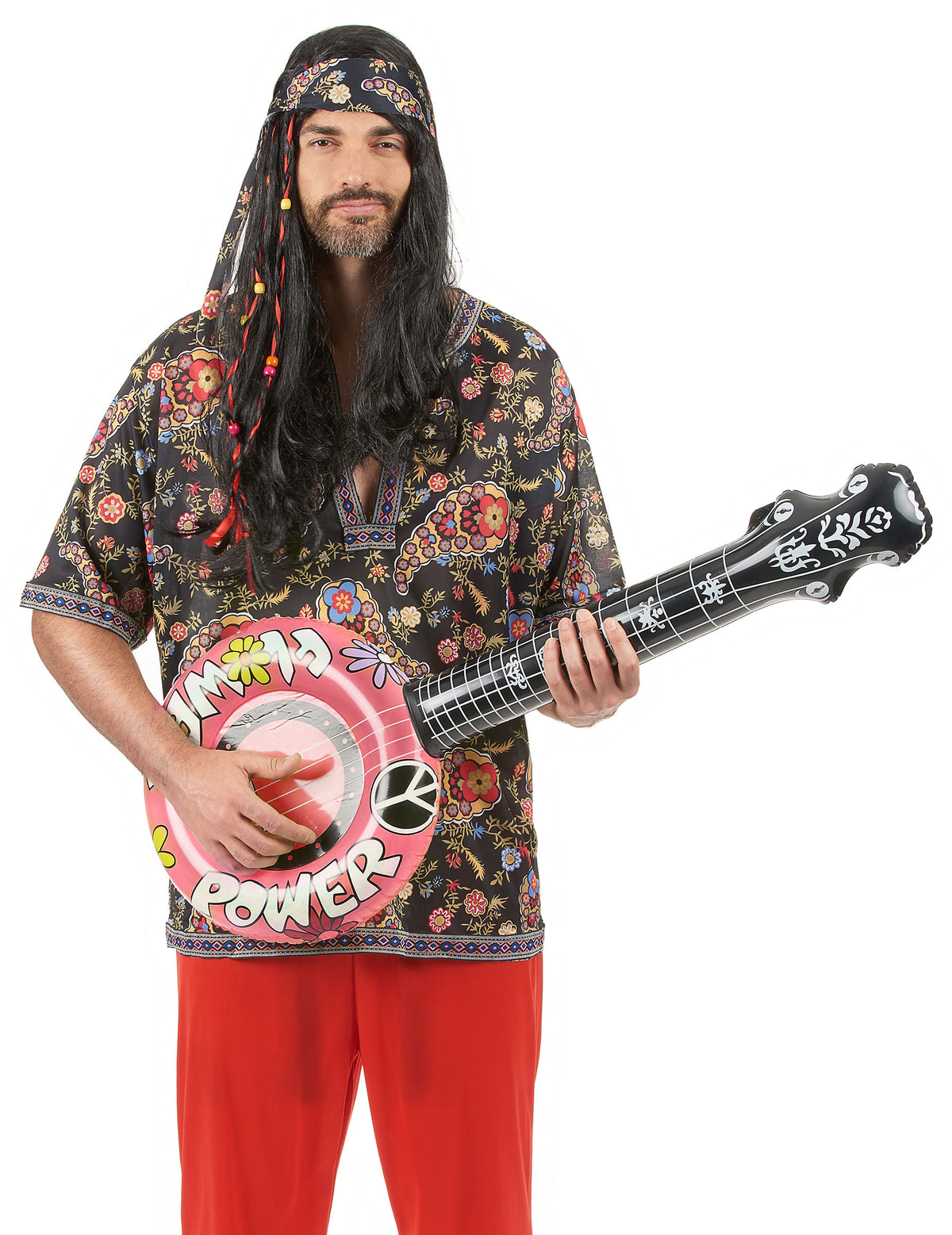 Banjo gonflable hippie pour adulte rose avec motifs peace and love
