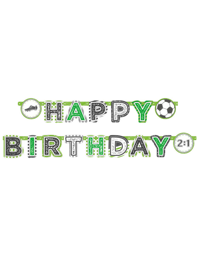 Bannière en papier Happy Birthday Football pour anniversaire verte, noire et blanche