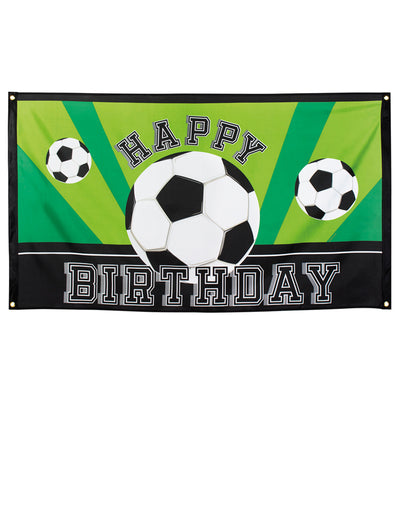 Bannière Happy birthday Foot party pour anniversaire verte et noire avec ballons de foot