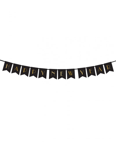 Bannière Happy New Year pour fête noire et dorée en papier
