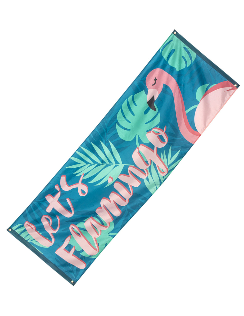 Bannière Let's Flamingo Flamant Tropic pour fête bleu et rose avec feuilles tropicales