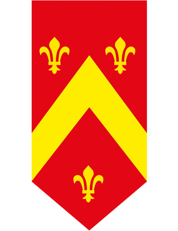 Bannière verticale médiévale en papier rouge et jaune avec fleurs de lys