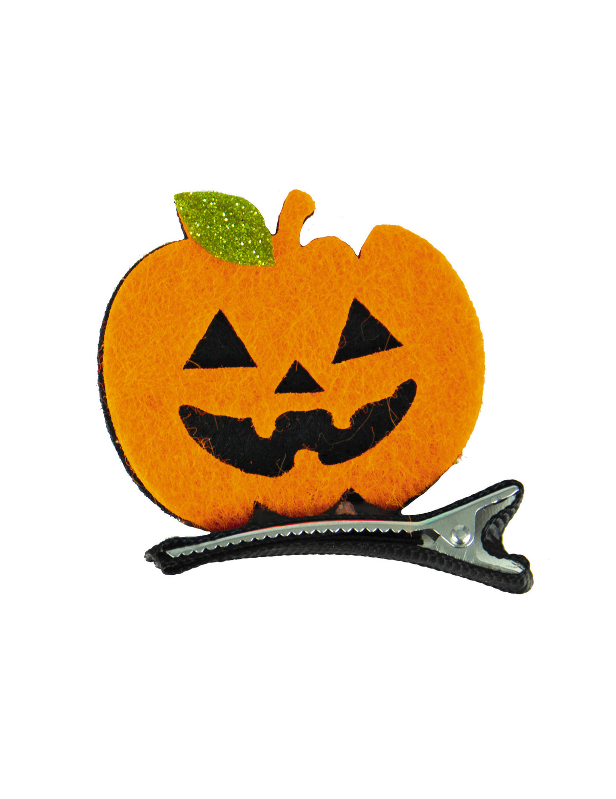 Barrette citrouille pour Halloween orange en feutrine avec feuille pailletée