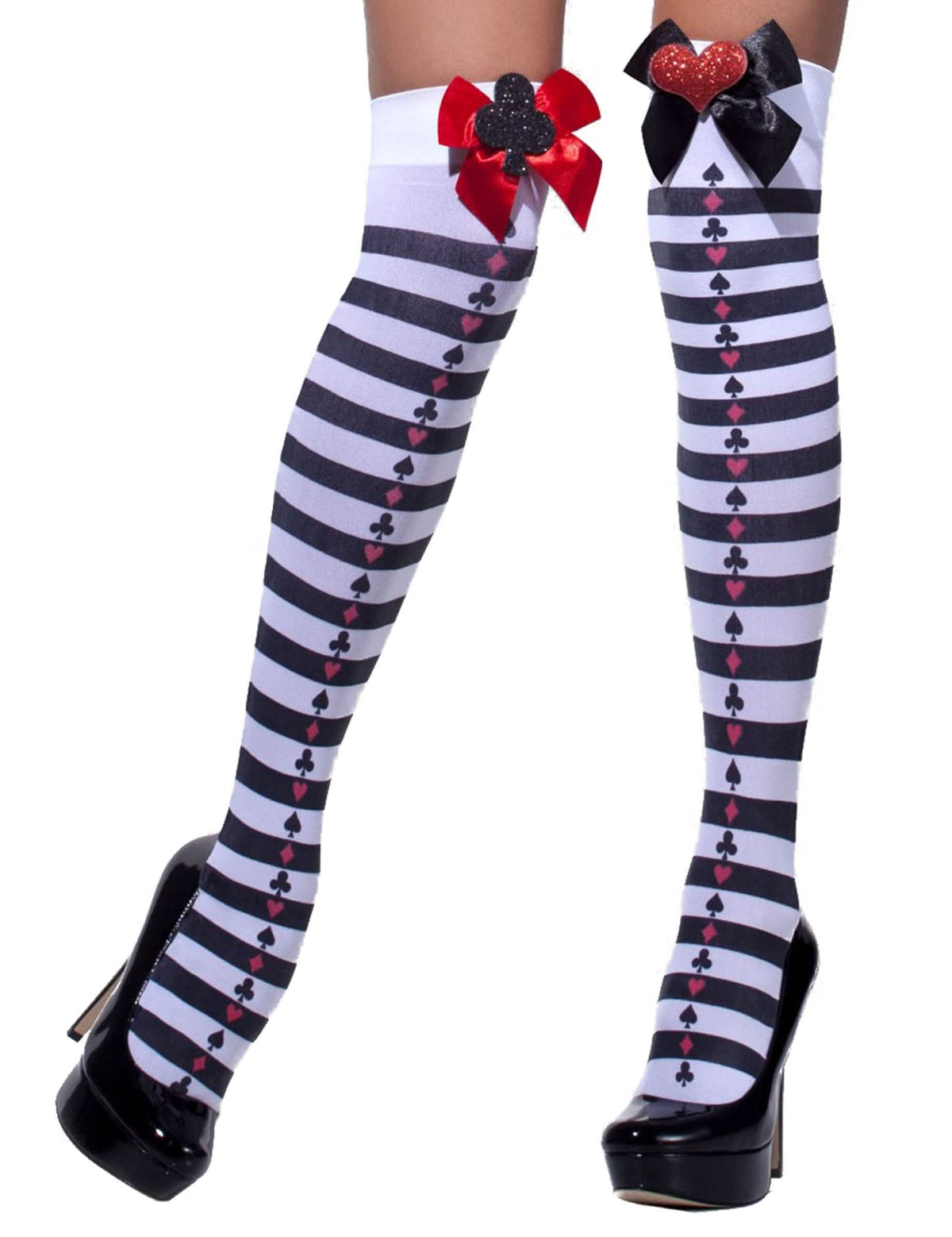 Matné pančuchy kráľovné kariet s mašľami pre ženu pruhované čierna a biela s ďatelinami a srdcami