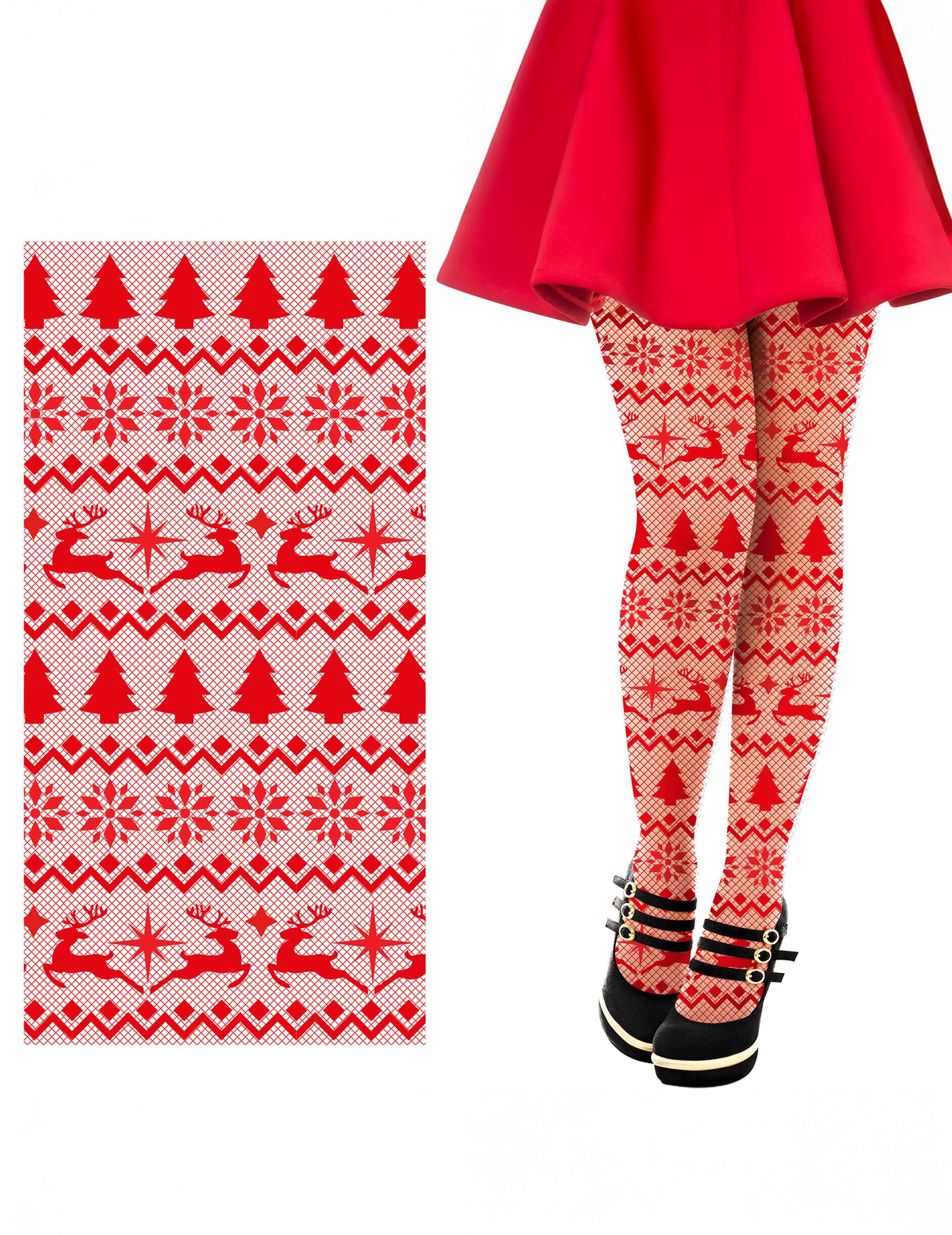 Červené sieťované pančuchy s vianočným vzorom pre dospelých