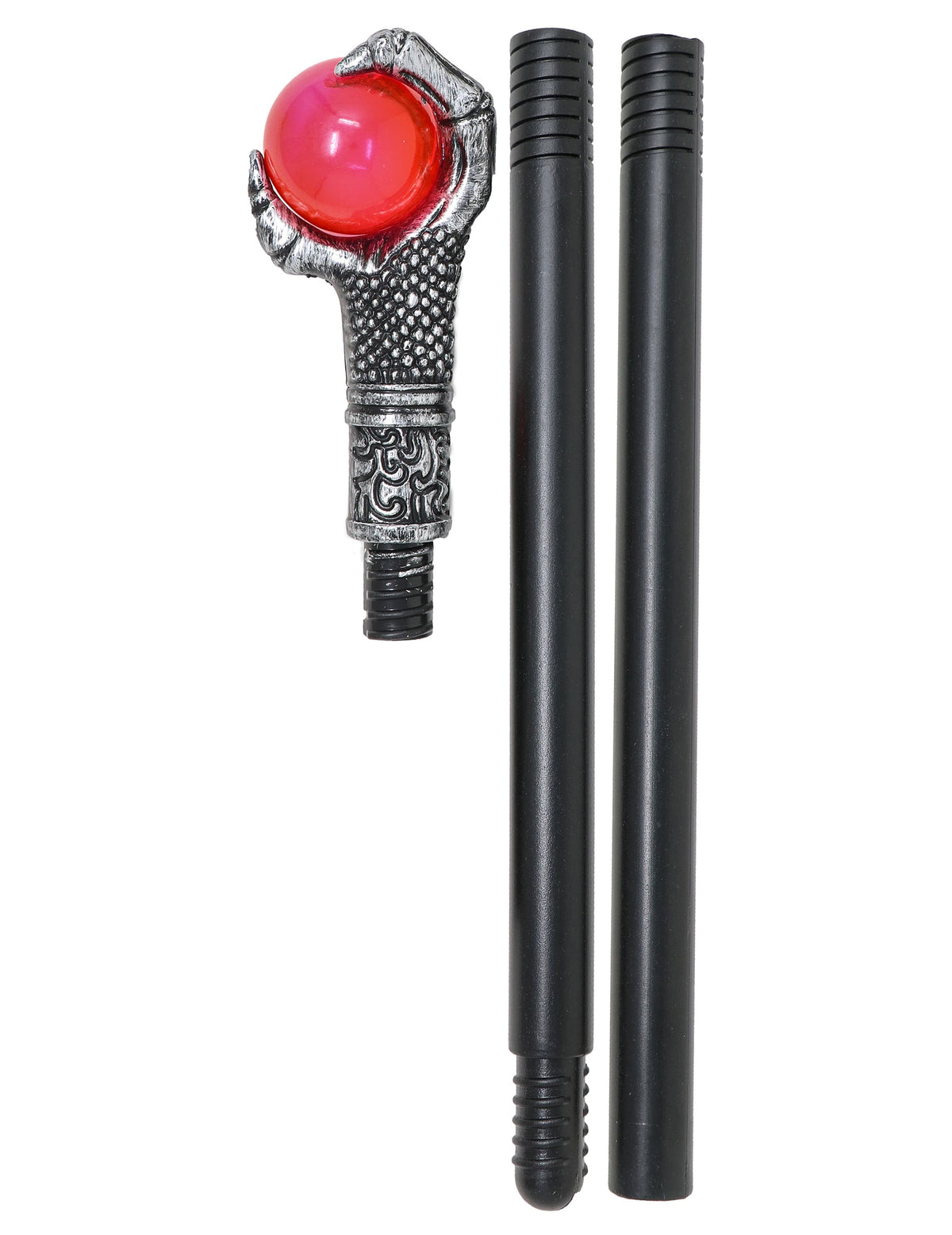 Détail des éléments démontables du bâton de sorcier à griffes et orbe rouge