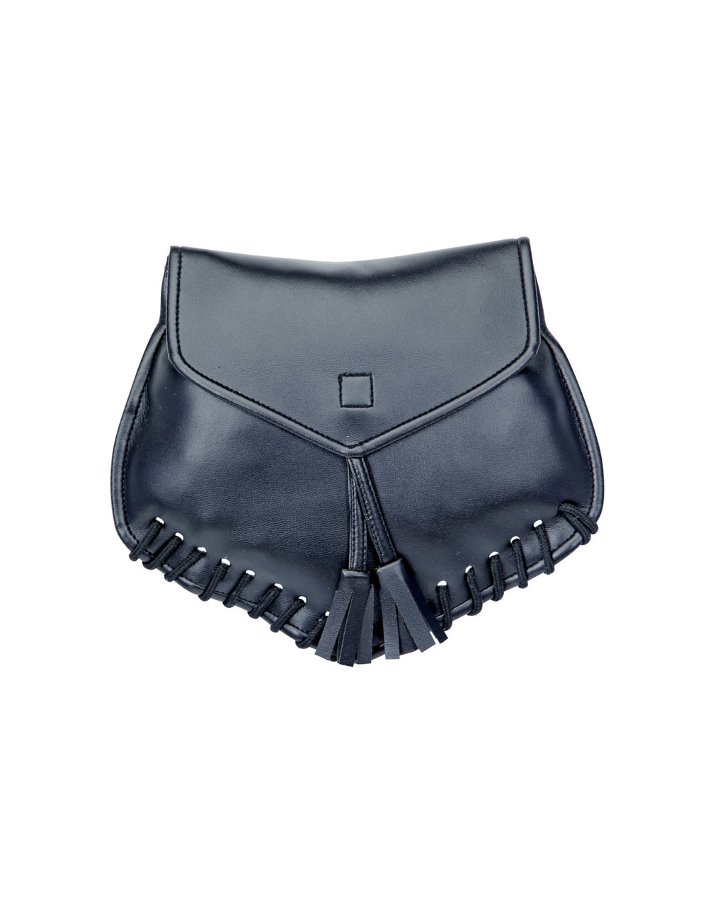 Besace en faux cuir noir avec pompons et bordure lacée