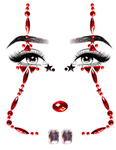 Bijoux pour visage adhésifs clown effrayant pour adulte rouges et noirs