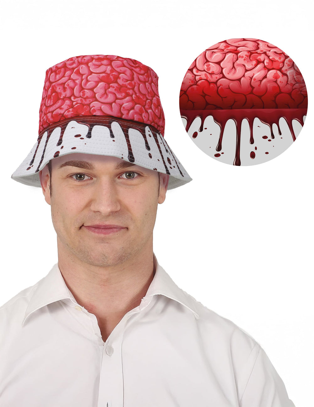 Détail de l'imprimé et des gouttes de sang du bob cerveau ensanglanté