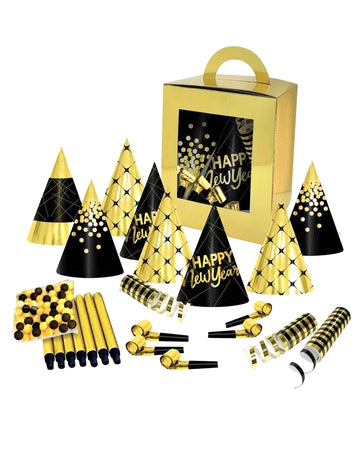 Krabica s párty doplnkami na Nový rok pre 10 osôb čierna a zlatá 