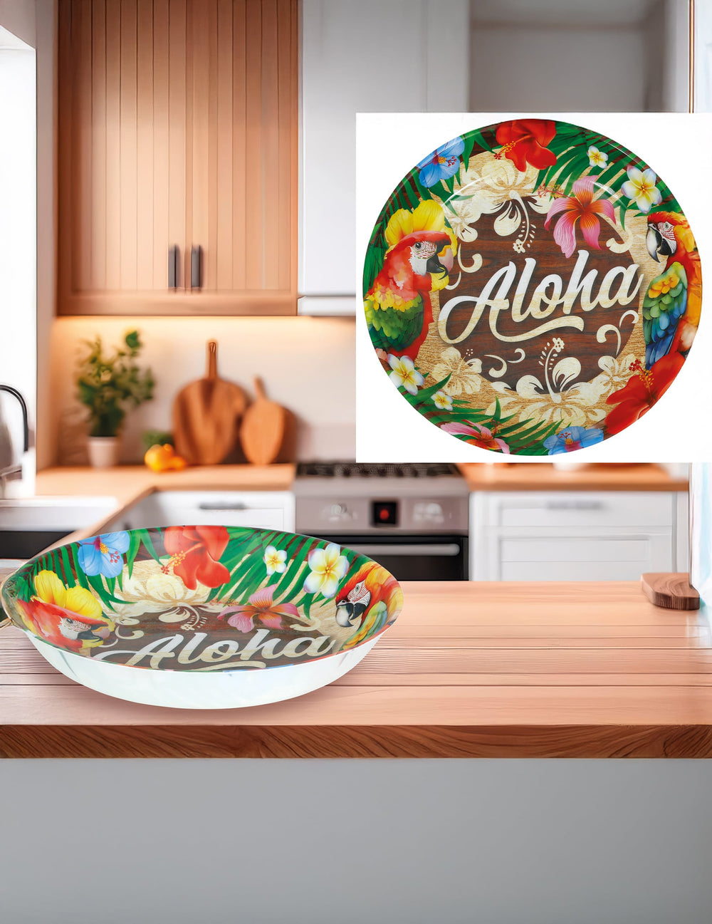 Bol Aloha Hawaï pour fête multicolore avec motifs de perroquets et fleurs tropicales