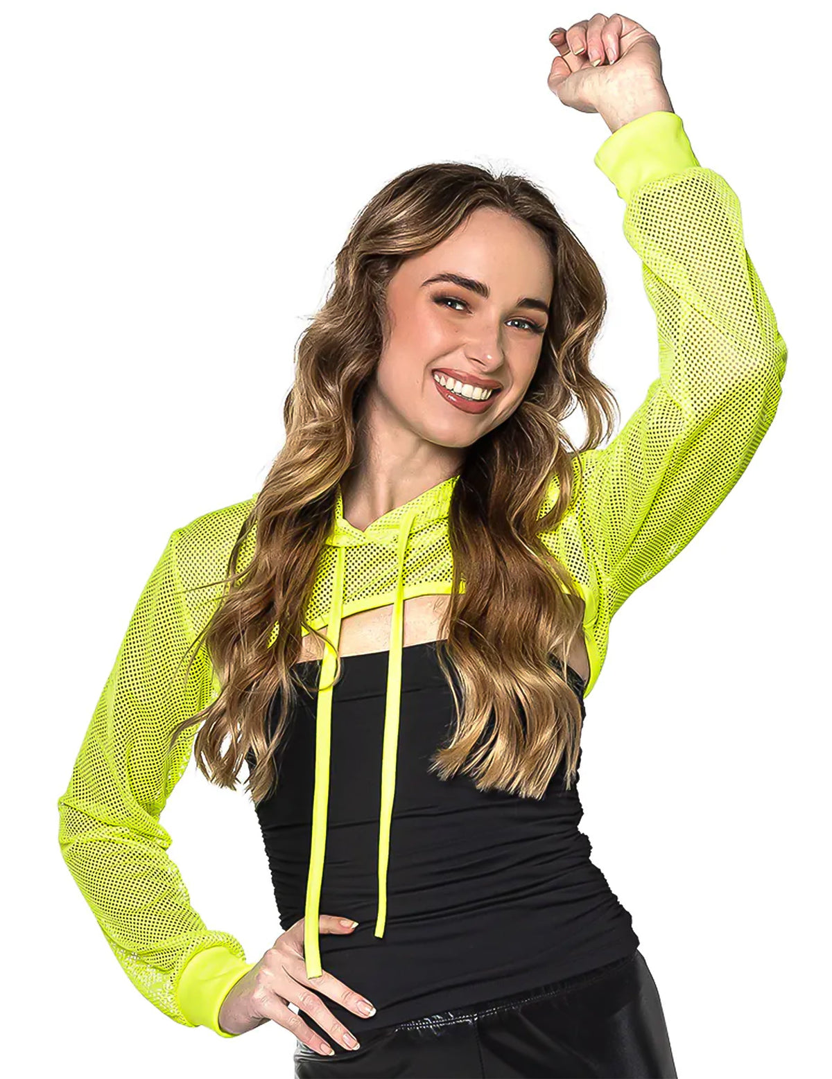 Boléro en résille pour femme jaune fluo à capuche