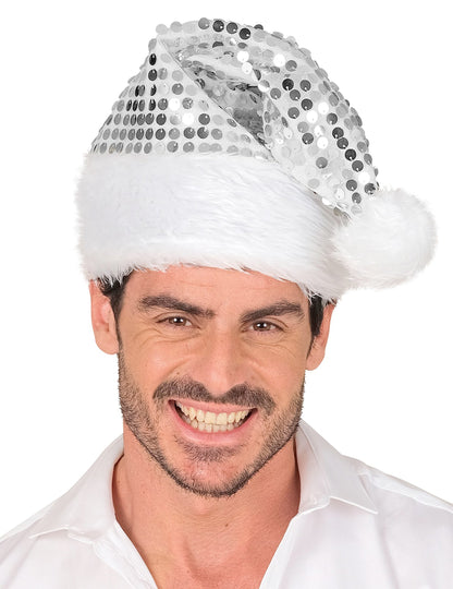 Strieborná flitrovaná vianočná čiapka pre dospelých