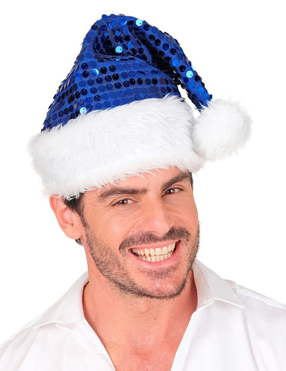 Modrá flitrovaná vianočná čiapka pre dospelých
