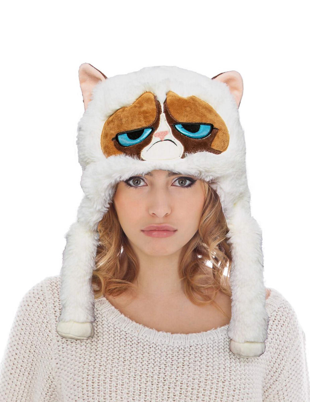 Čiapka Grumpy cat™ pre dospelý biela a hnedá z umelej kožušiny