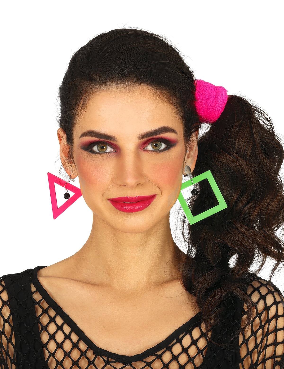 Boucles d'oreilles 80's géométriques pour femme rose et vert fluo