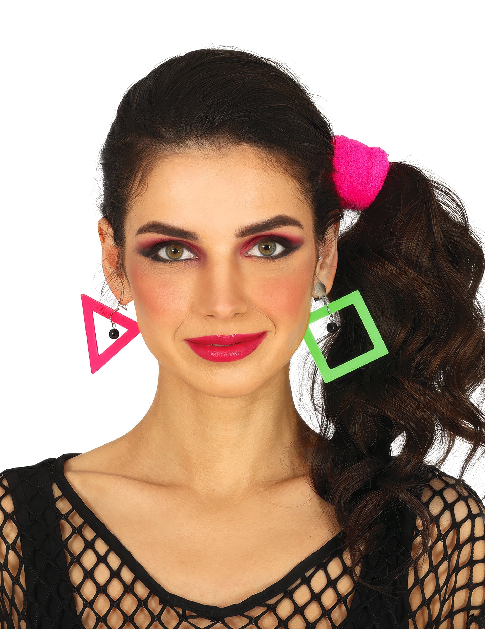 Boucles d'oreilles 80's géométriques pour femme rose et vert fluo