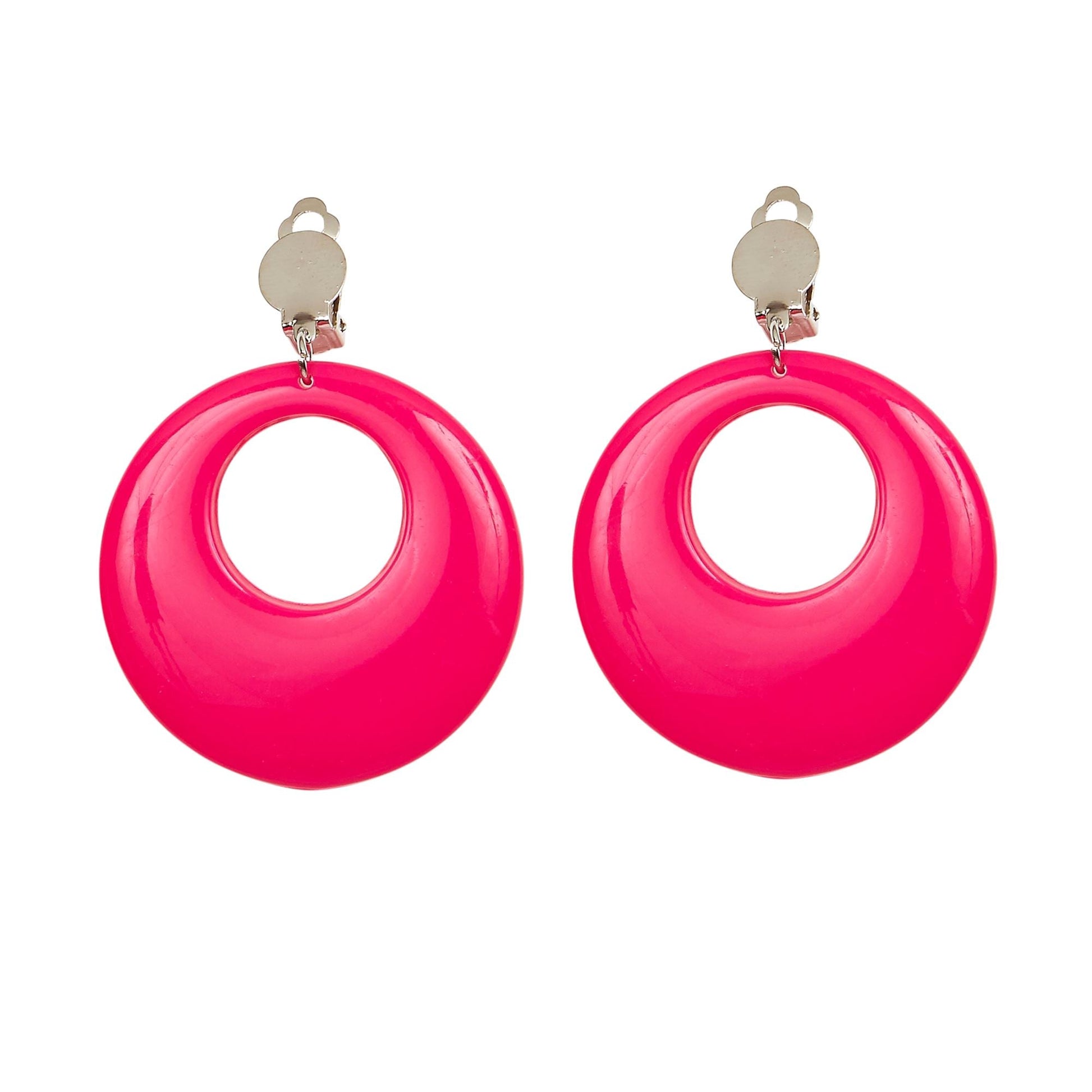 Détail du système d'attache des boucles d'oreilles rose fluo pour adulte