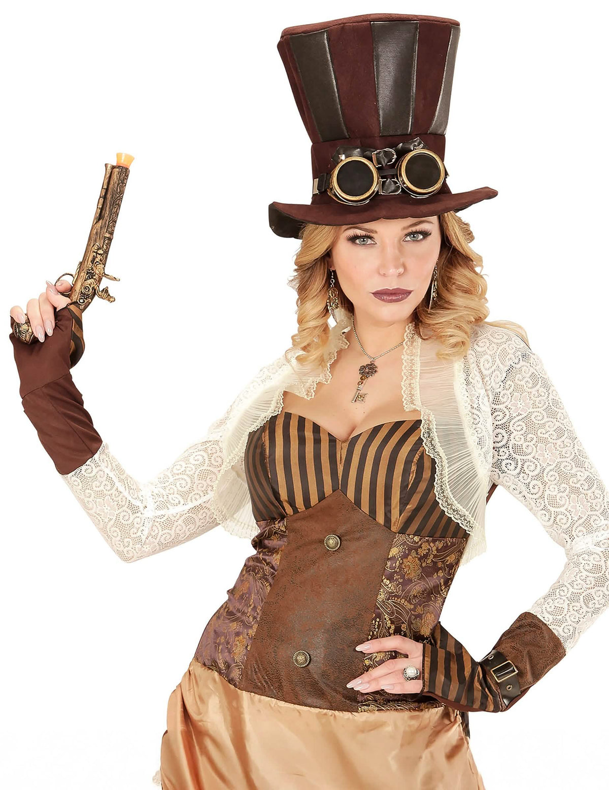 Modelka s náušnicami s ozubenými kolieskami a perím steampunk pre dospelého