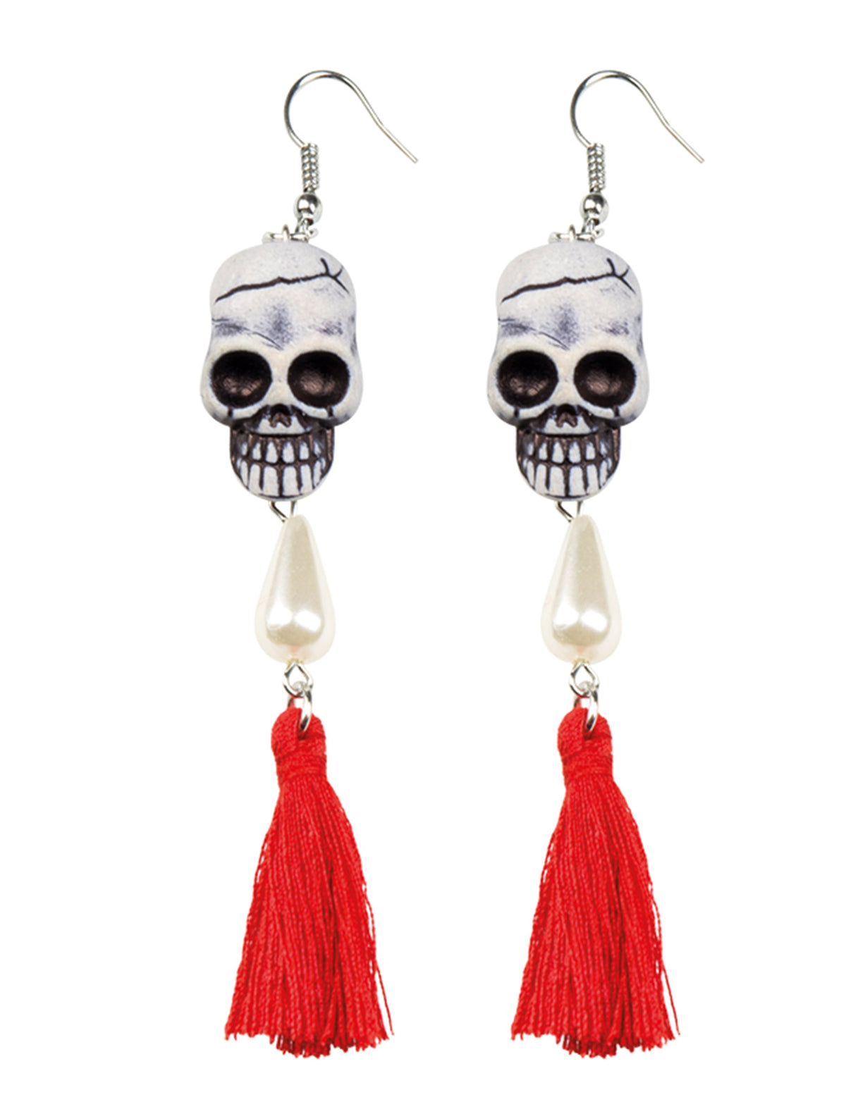 Boucles d'oreilles tête de mort Dia de los muertos pour femme rouges avec pompons et perles