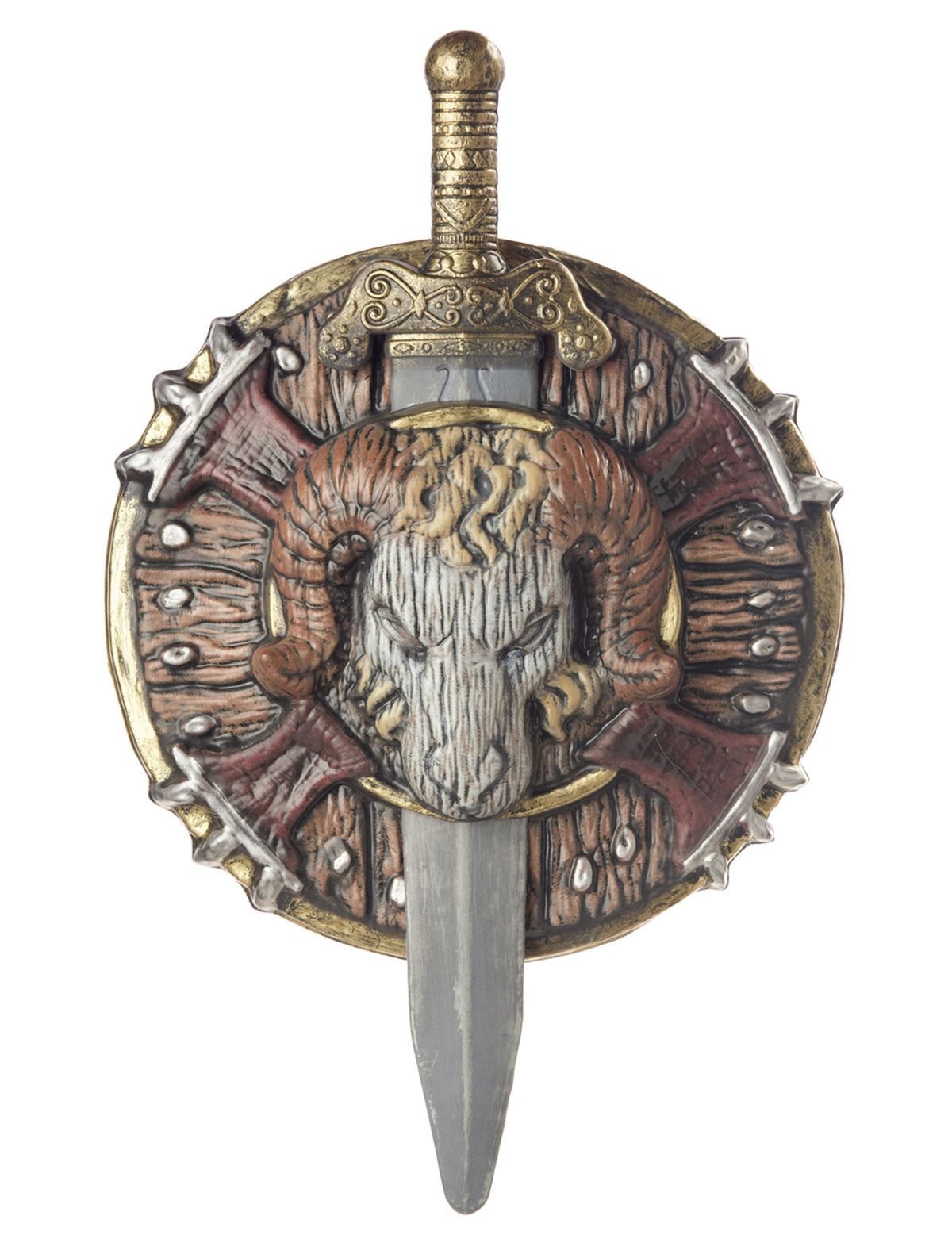 Bouclier et épée barbare en plastique marron et gris avec motif de tête de bélier