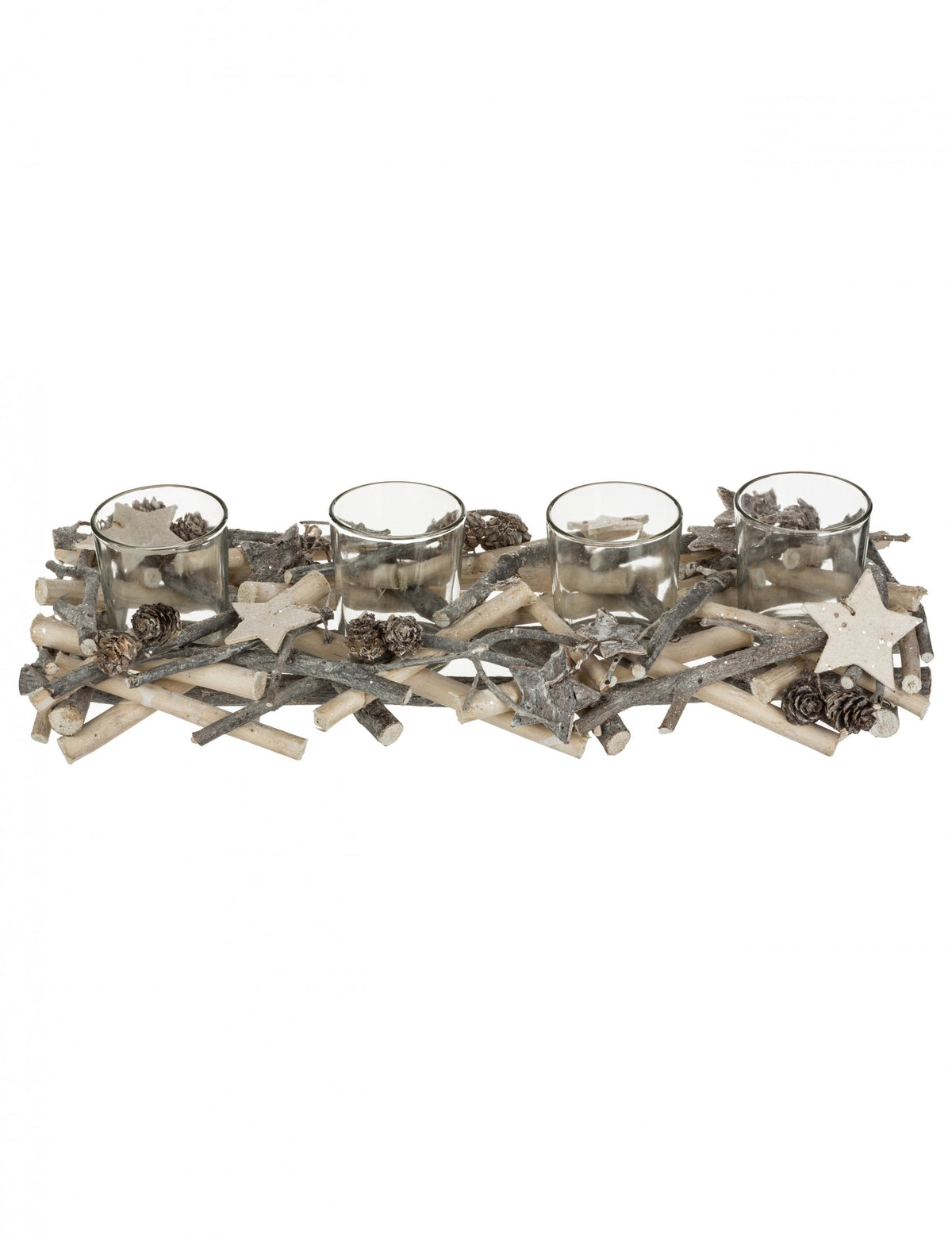 Centre de table 4 photophores sur bûche pour décoration bois naturel avec étoiles et pommes de pin