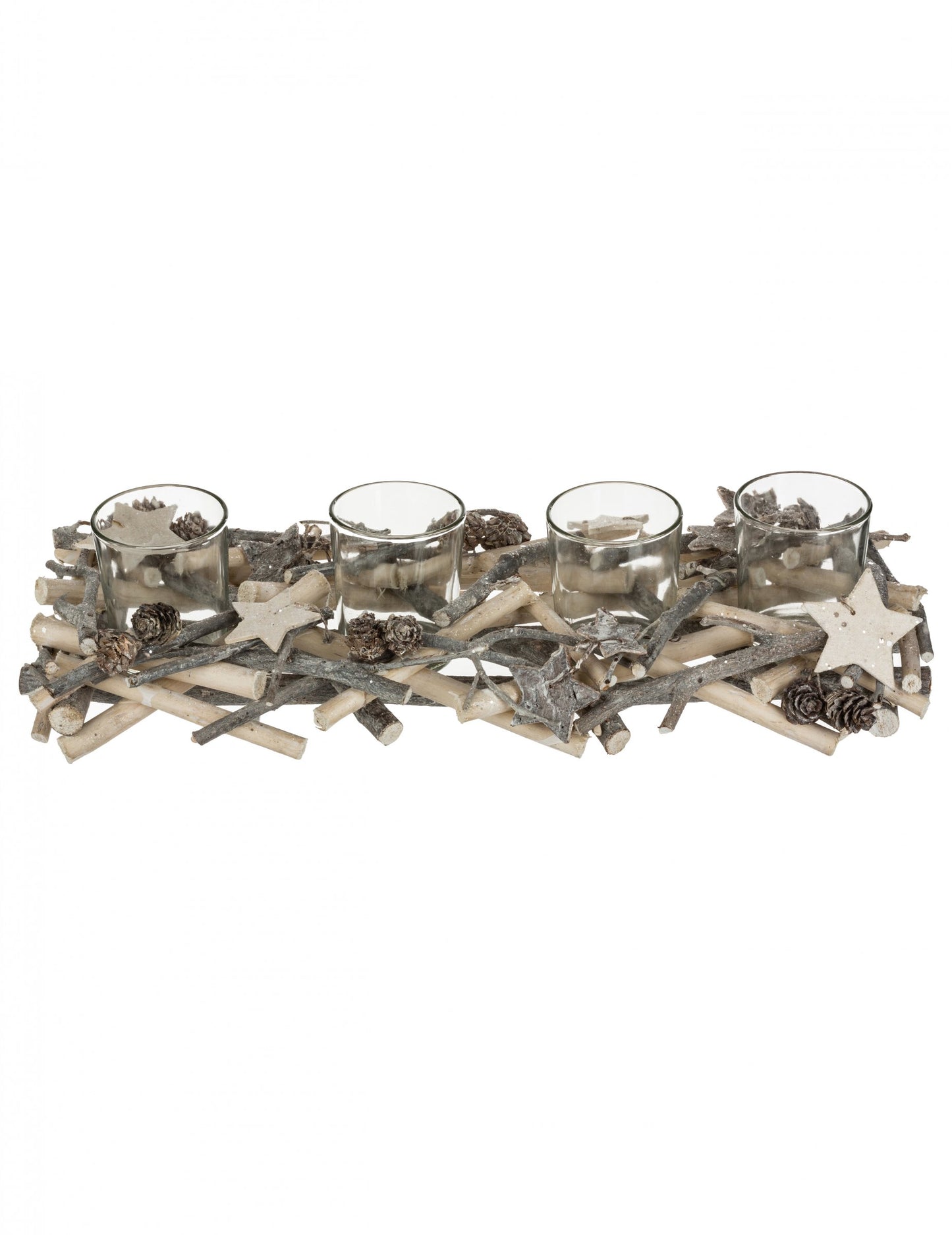 Centrálny dekor so 4 svietnikmi na polene 38 cm prírodné drevo