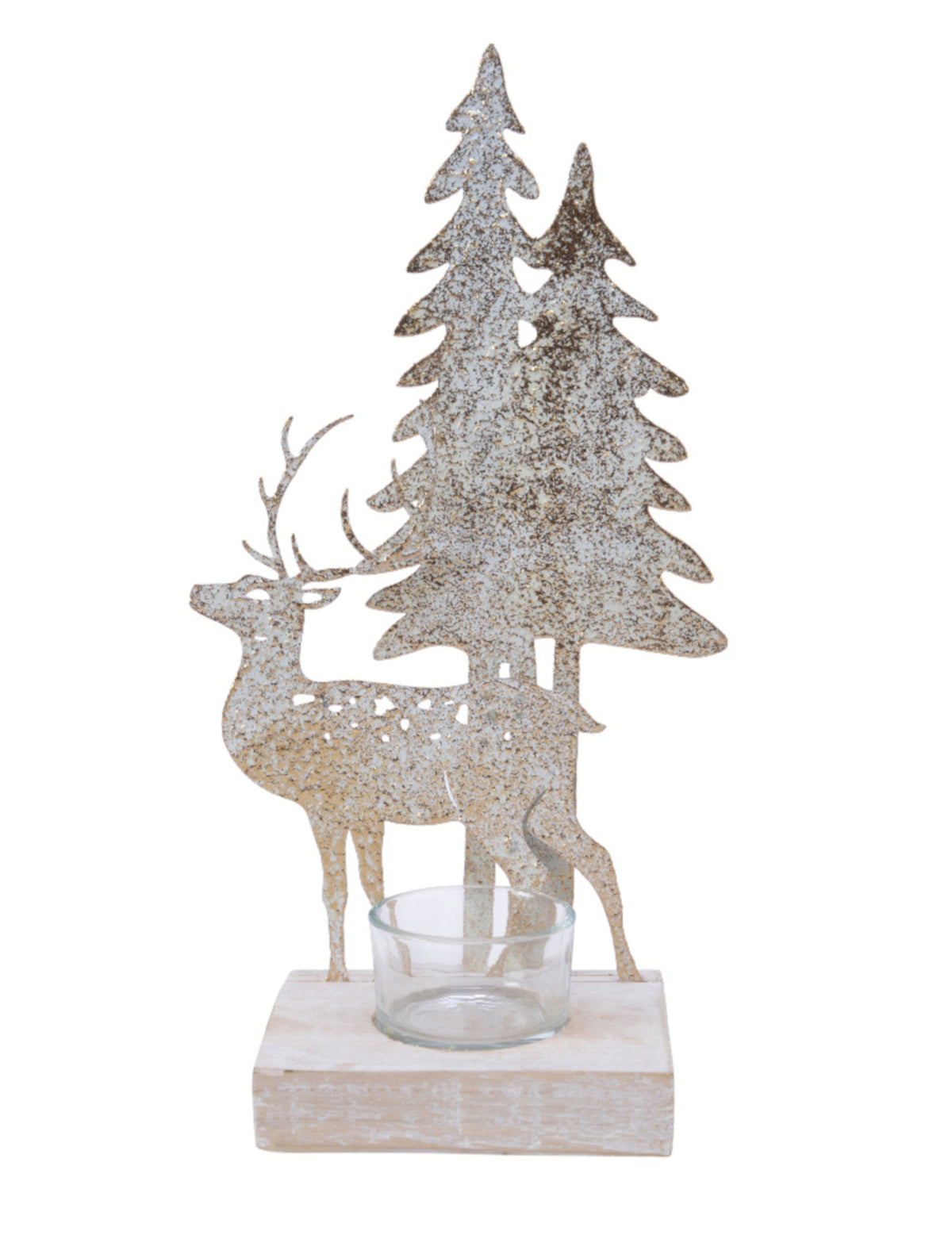 Bougeoir en métal cerf et sapins avec socle bois aspect vieilli blanc et doré