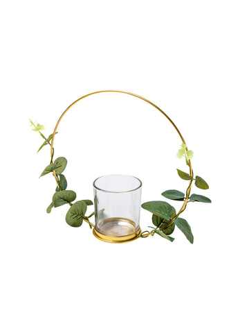 Kovový svietnik, eukalyptový vzor na zlatom okraji 22 cm zavesiť