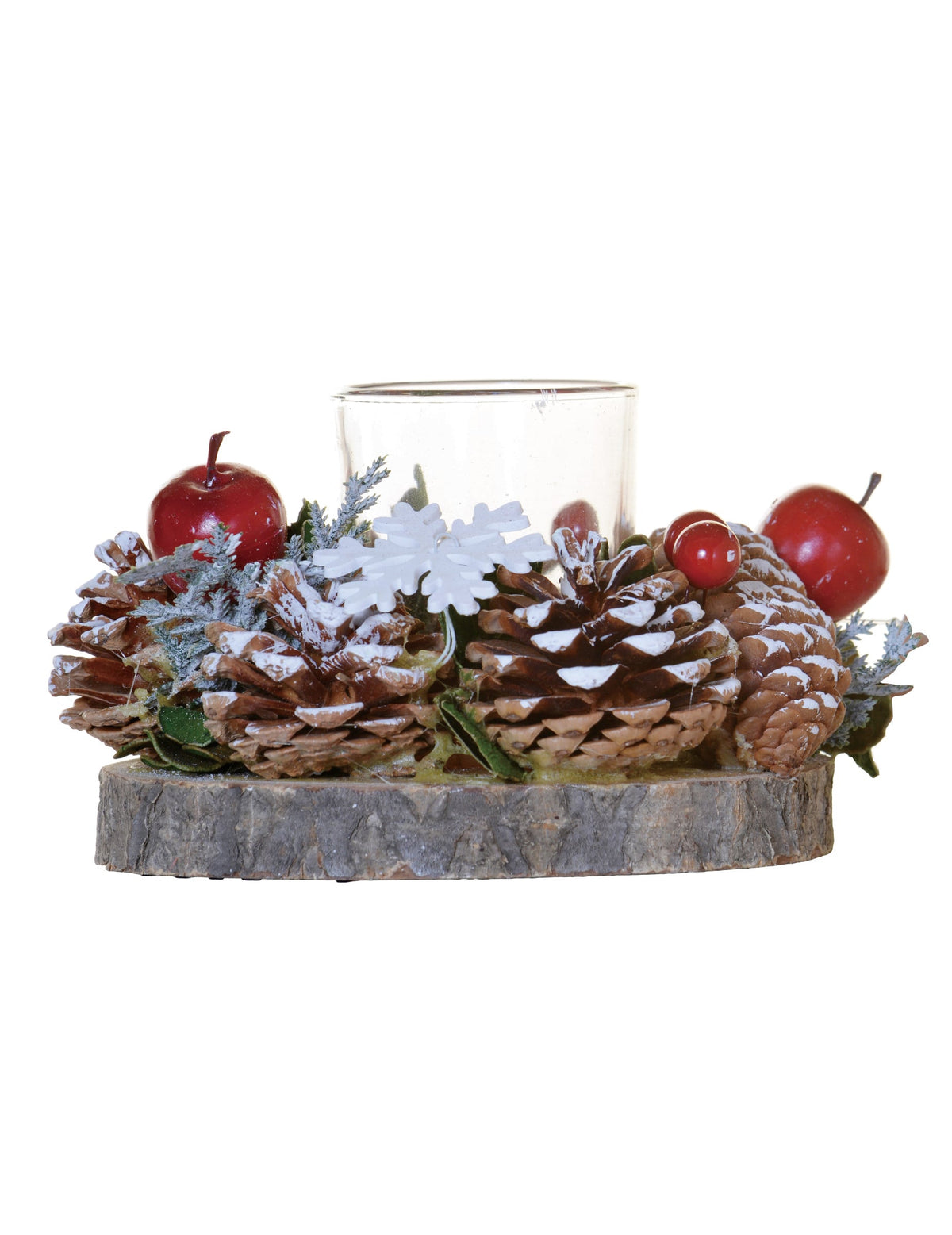 Photophore pommes de pin baies des bois sur rondin avec flocon blanc et neige