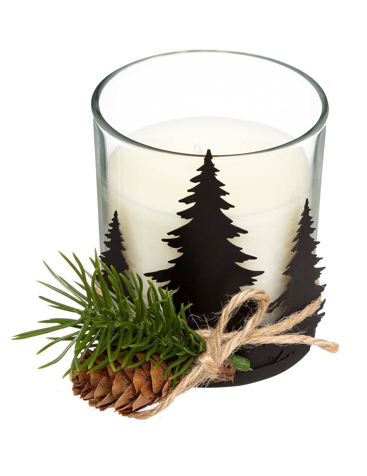Bougie sapin et pomme de pin pour décoration blanche et noire avec branche et cordelette