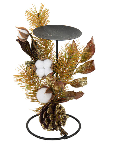 Svietnik na rastliny s bavlnenými kvetmi a zlatými trblietkami 20 cm kov