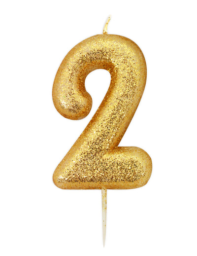 Bougie chiffre 2 doré à paillettes avec pic